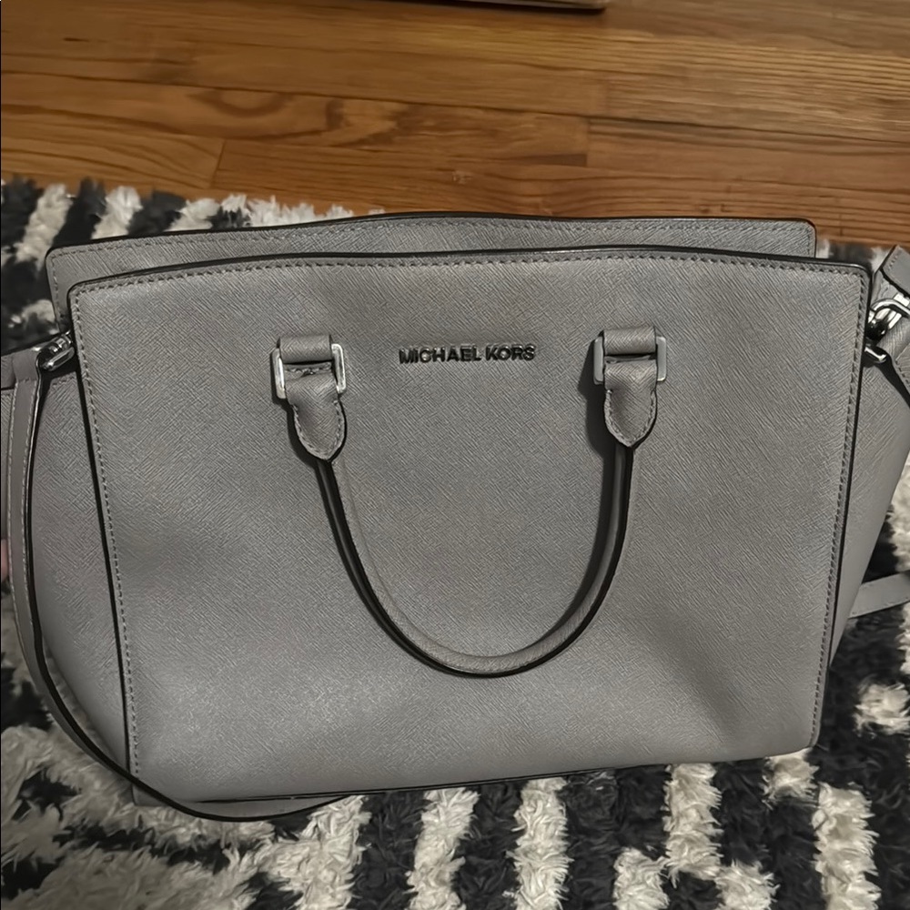 Michael Kors Gray Satchel with Textured Leather and Silver Hardware
